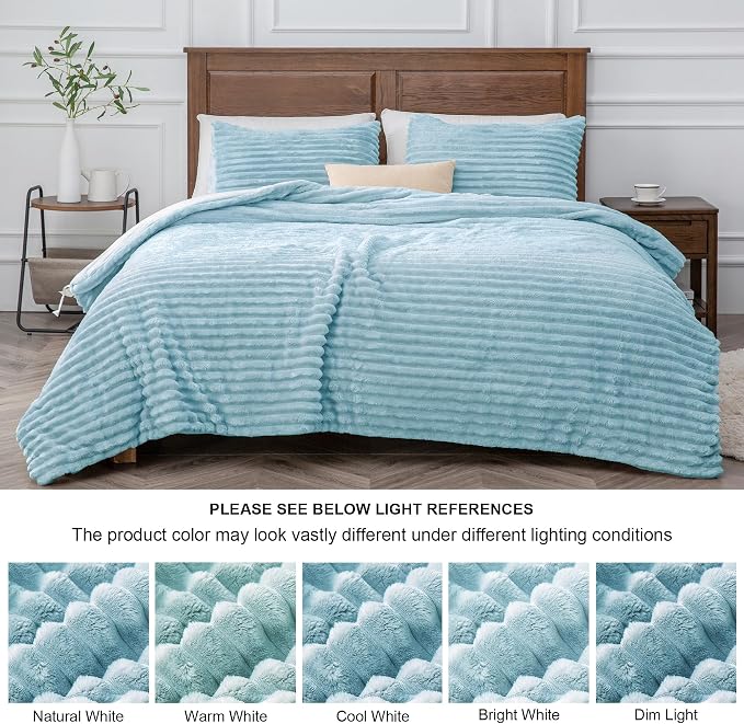 BEDELITE Fleece Queen Comforter Set, Fluffy Bed Set, Light Blue | Super Soft & Warm Bedding, Luxury Fuzzy Faux Fur Comforter for Winter, Heavy Plush Bedding, with 2 Pillowcases