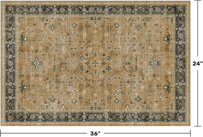 Washable 2x3 Entry Rug Front Door Indoor, Bohemian Kitchen Floor Rug, Non-Slip & Stain Resistant, Vintage Rustic Brown and Charcoal Olive Farmhouse Floral Décor