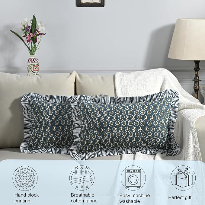 Ridhi Block Print Peacock Blue Ruffle Lumbar Pillow Shams, 20" x 12" Set-1 | 100% cotton, Floral Pillowcase, Cushion Cover, Hidden Zipper, Cottagecore Bedding, farmhouse boho style, fits couch, sofa,Bed