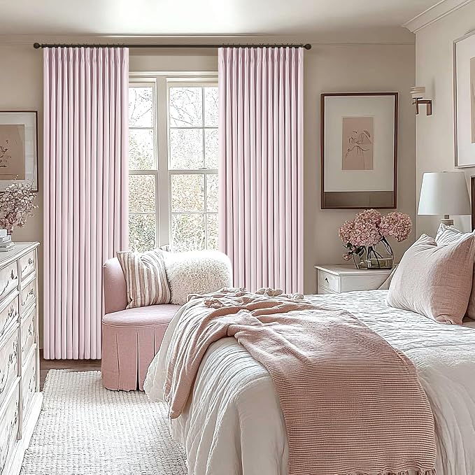 Light Pink Pinch Pleated 100% Blackout Linen 84 Inch Curtains | Room Darkening with Liner, Memory Shape Pleat Back Tab, Thermal Insulated, for Living Room Nursery Girls Bedroom, W40xL84