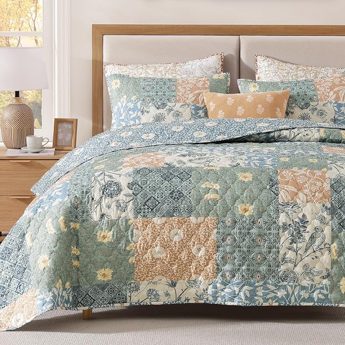 Twin Quilt Set-2 Pieces Soft Twin Bedspread Floral Patchwork Quilt | Lightweight Green Quilt, Reversible Vintage Floral Bedding Set, All Season Bed Coverlet with 1 Pillow Sham, 66"x92"