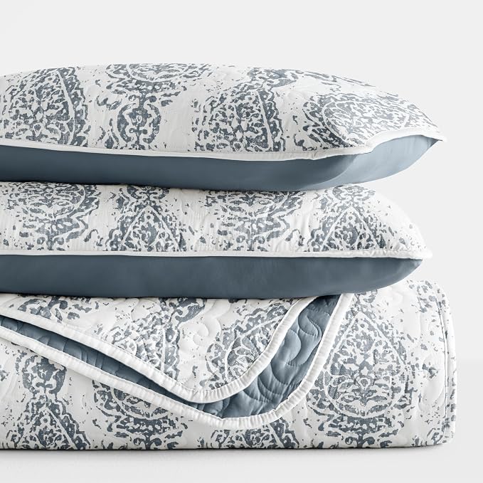 Merit Linens Soft Quilt Coverlet Bedding Set - Pattern/Solid Reversible - Full/Queen Dusk Blue