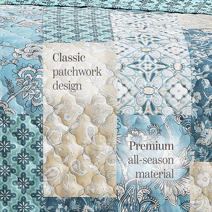 King Quilt Set-3 Pieces Soft Bedding Lightweight Floral Patchwork Coverlet | All Seasons Quilts Queen Size for Bed, 1 Quilt (106" x 94") and 2 Shams (20" x 36"), Vintage Bedspread, Blue Tile