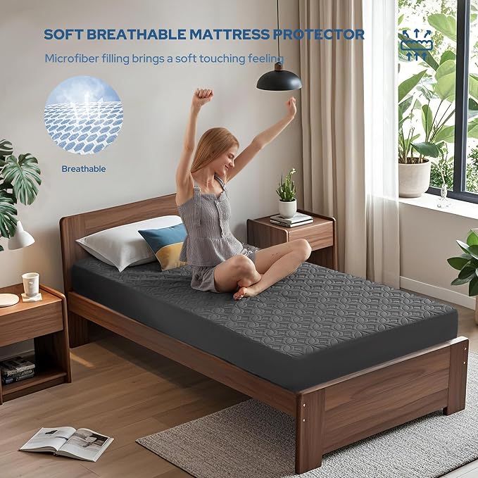 BEDLORE Waterproof Mattress Protector, Twin Size Mattress Pad | Deep Pockets Fit 6"-15" Mattresses, Soft Breathable Dirt-proof Single Bed Mattress Cover for Bedroom, Dorm Room (Gray)