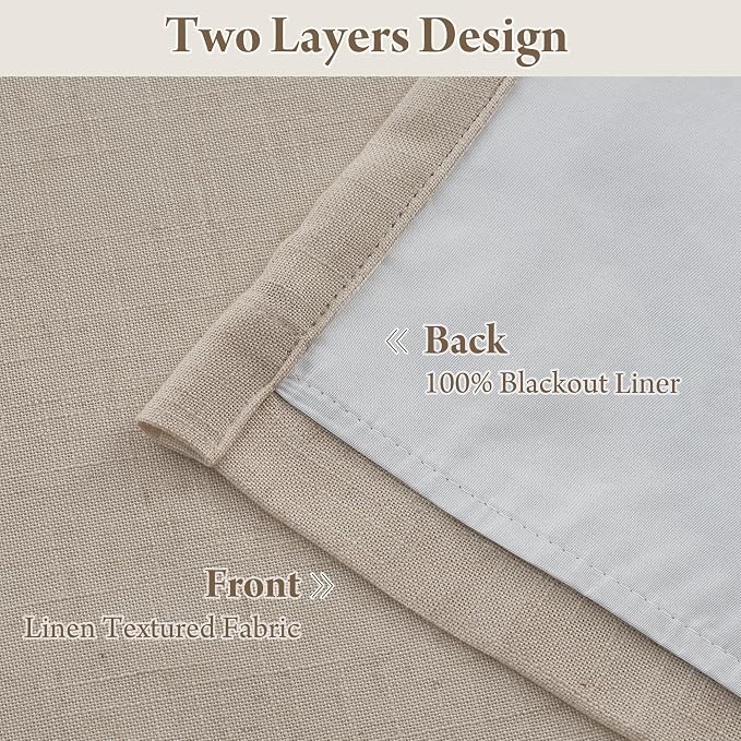 RYB HOME Linen Blackout Curtains 96 inches Long, 100% Blackout Noise Reducing Thermal Insulated Natural Textured Curtains for Farmhouse Dining Room, Taupe, 40" W x L96 L, 2 Panels Set