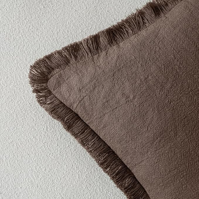 MIULEE Boho Linen Fringe Decorative Fall Pillow Covers Reddish Brown 26x26 | Set of 2, Cottagecore Decor, Boho Farmhouse Neutral Pillow Covers, Rustic Fall Couch Cushion Cases for Sofa Bed Living Room