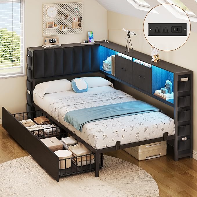 MapleGrace Twin Corner Bed Frame with Upholstered Storage Headboard and Drawers, Metal Platform Bed Frame with LED Light and Charging Station, Twin Daybed for Living Room, Bedroom & Guest Room, Black