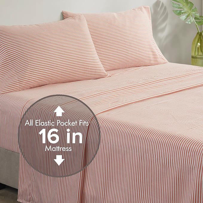 Madison Park Essentials Jaxon King Comforter Set, Bed in A Bag Comforter & Sheet Set, Modern Casual Stripes Print, All Seasons, Soft Bedding Makeover, Matching Sham, King Coral/Grey 7 Piece