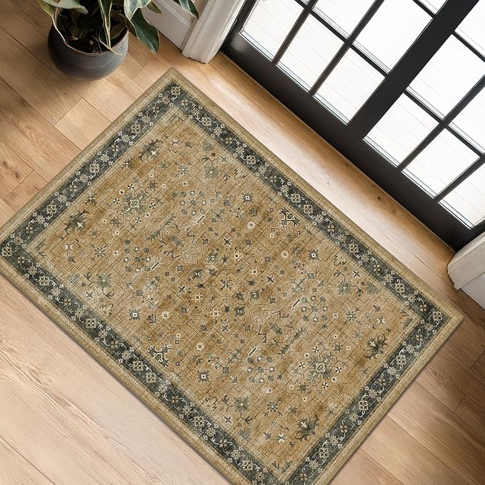 Washable 2x3 Entry Rug Front Door Indoor, Bohemian Kitchen Floor Rug, Non-Slip & Stain Resistant, Vintage Rustic Brown and Charcoal Olive Farmhouse Floral Décor