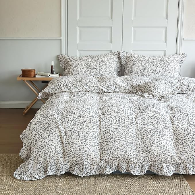 Chic Shabby Blue Floral Print Duvet Cover Queen, Double-Layer Cotton Muslin Comforter Cover with Ruffles, Kids Teens Bedding Quilt Covers,90"x90", Zipper Closure, No Pillow