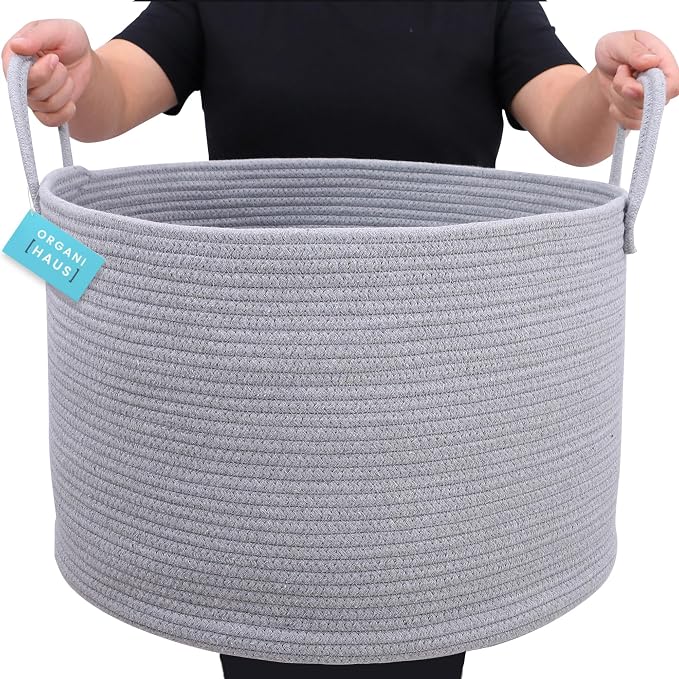 OrganiHaus Round Toy Basket & Blanket Basket, Cotton Rope 20x13" | Full Gray - Round Cotton Rope Basket, 20x13"