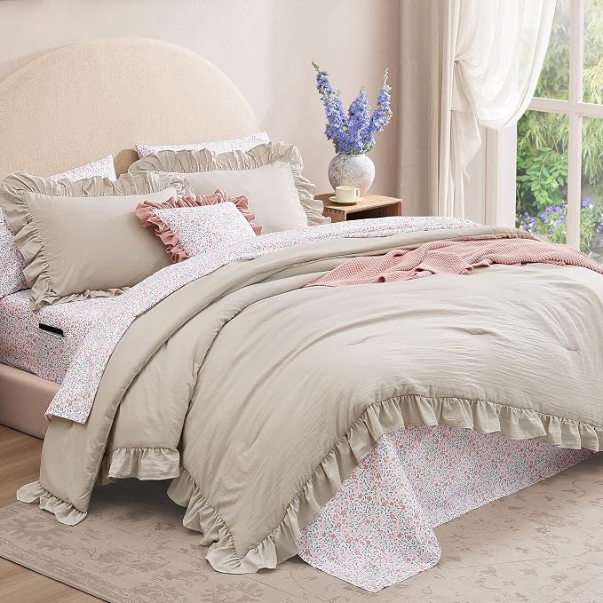 Twin XL Comforter Set-5 Pieces Ruffle Bedding Floral Sheet | Brich Bed in a Bag, Soft Lightweight All Season Farmhouse Twin XL Bedding Set with Floral Sheets, Pillowcases & Shams