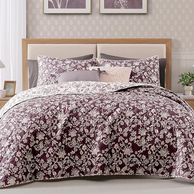 Twin/Twin XL Quilt Set-2 Pieces Soft Bedding Floral Reversible Coverlet | All Seasons Lightweight Quilts Queen Size for Bed, Breathable Vintage Bedspread with Sham, Italian Plum