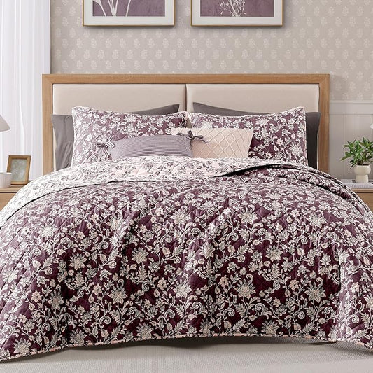BLOOMHAVEN Queen Quilt Set-3 Pieces Soft Bedding Floral Reversible Coverlet | All Seasons Lightweight Quilts Queen Size for Bed, Breathable Vintage Bedspread with Shams, Italian Plum