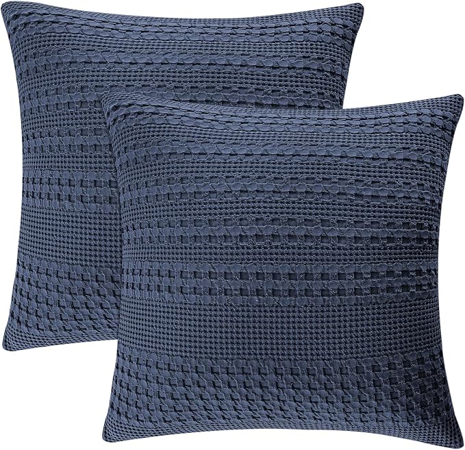 PHF 100% Cotton Waffle Weave Euro Sham Covers, 2 Pack 26" x 26" Bed Pillow Covers for Elegant Home Decor, No Filling, Luxury Aesthetic Soft Euro Pillow Cases for Bed, Indigo