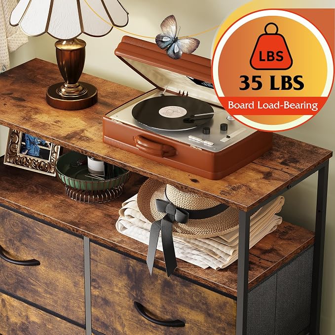 WLIVE Fabric Dresser for Bedroom with Open Shelves, Tall Dresser with 8 Drawers, Storage Tower with Fabric Bins, Chest of Drawers for Closet, Hallway, Rustic Brown Wood Grain Print | 8 fabric drawers plus open shelves, steel frame with wood top, great ...