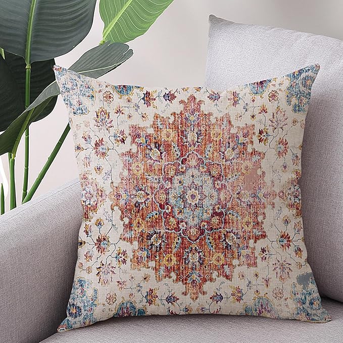 Outdoor Waterproof Pillow Covers - 18 X 18 Inch Set of 2 Blue Orange Bohemian Vintage Carpet Pattern Decorative Farmhouse Pillow Covers for Couch Garden Balcony