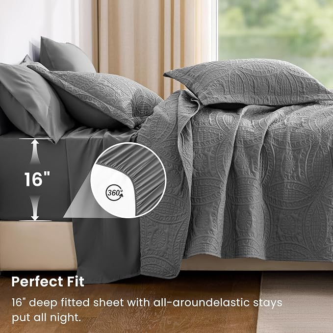 Love's cabin Queen Quilt Set Grey, Bed in a Bag Queen Size Bedding 7 Pieces, Ultrasonic Embossed Coin Pattern Comforter, Lightweight Bedspreads for All Seasons Quilt with Sheets, Pillowcases & Shams