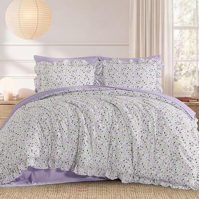 Twin XL Comforter Set-5 Pieces Floral Ruffle Bedding Set | Violet Ditzy Bed in a Bag, Soft Lightweight All Season Farmhouse Twin XL Bedding Set with Sheets, Pillowcases & Shams
