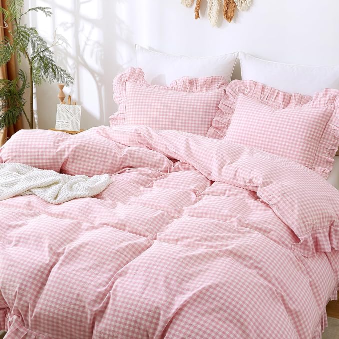 ATsense Pink Gingham Ruffle Duvet Cover Set Cotton Like Linen, Full | 100% Washed Cotton Linen-Like Feel Soft, Breathable & Comfy. Cute Bedding Set with Zipper & 8 Ties. 3 Pcs, No Insert