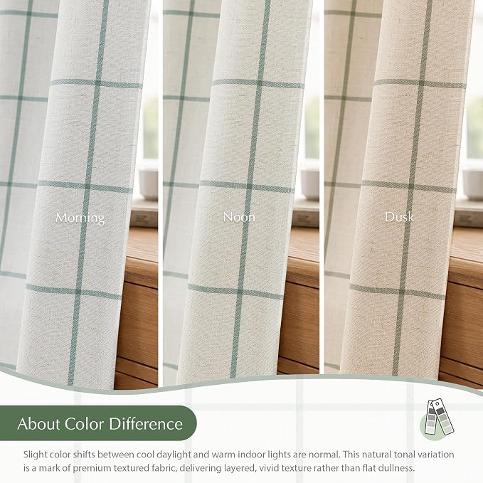 DriftAway 100% Blackout Plaid Linen Curtains W52xL96 Loden Green | 100% Blackout, Linen Texture, Plaid Pattern, Two Layers, Rod Pocket & Back Tab, Bedroom Living Room Use, Luxury Appearance