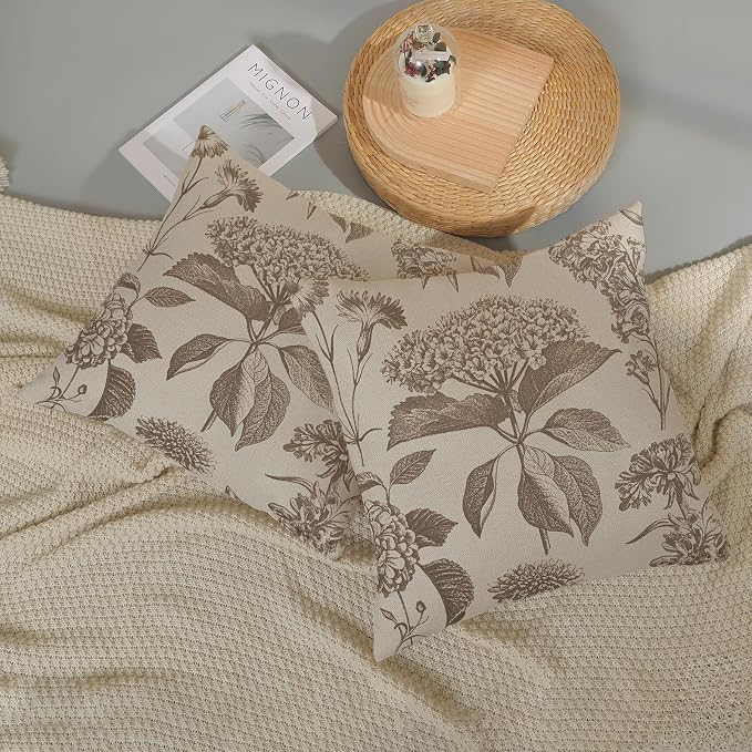 Vintage Brown Pillow Covers 24x24 Inch 2 Pcs Boho Beige Floral Decor Throw Pillows Hydrangea Flower Seasonal Outdoor Farmhouse Neutral Accent Decoration Pillowcase Linen Cushion Cover for Couch