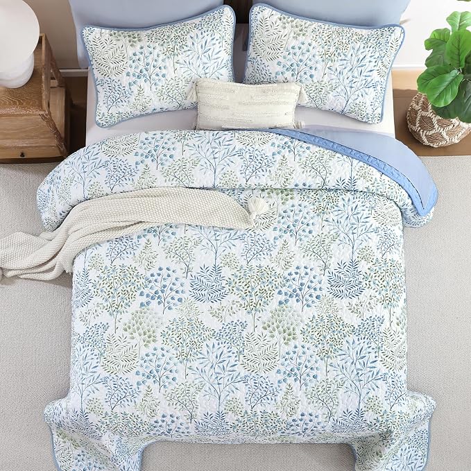 WONGS BEDDINGKing Quilt Set, 3 Pcs Blue Green Floral Bedspread Coverlet | Botanical Print Quilt Set for Spring Summer, Lightweight Microfiber Farmhouse Quilted Bed Cover for Guest Room 110"×90"