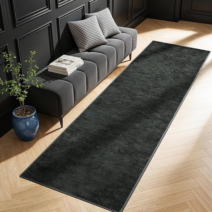 2.7x6 Washable Area Rug, Black Solid Area Rugs for Living Room & Bedroom | Stain-resistant & Non-slip backing,Low Pile Washable Large Carpet, Solid Vintage Style For High Traffic Areas(2.7x6,Black)