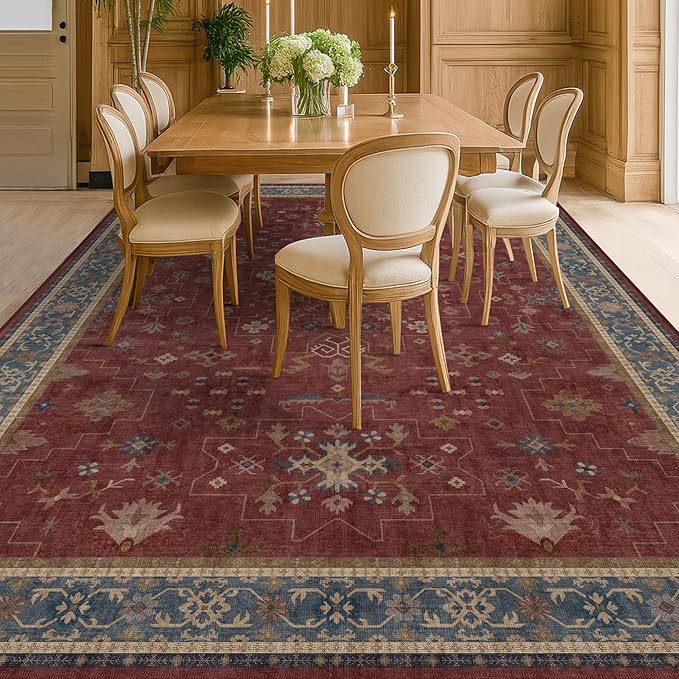 Oriental 9x12 Soft Rugs for Living Room - Dark Red Rugs for Bedroom Aesthetic, Dining Room Under Kitchen Table, Washable Soft Non Slip Large Area Vintage Décor
