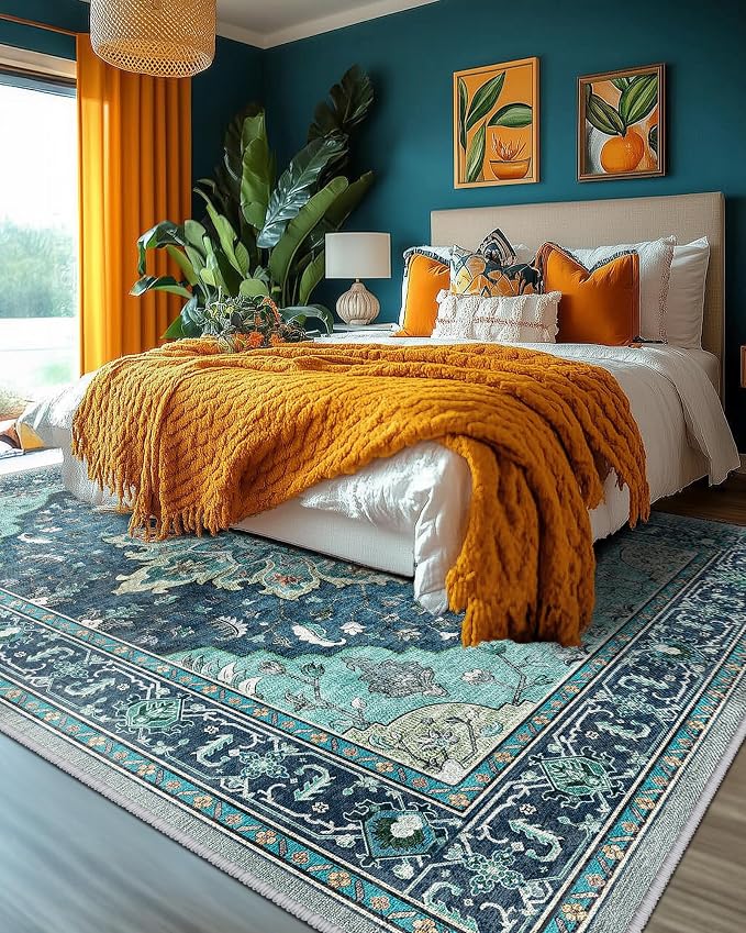 RELEANY Washable Area Rug, Large 10'x12', Teal | Non-Slip, Water Repellent, Pet Friendly, Easy to Clean, Vintage Floral Boho Decor for Living Room Bedroom Dining Room