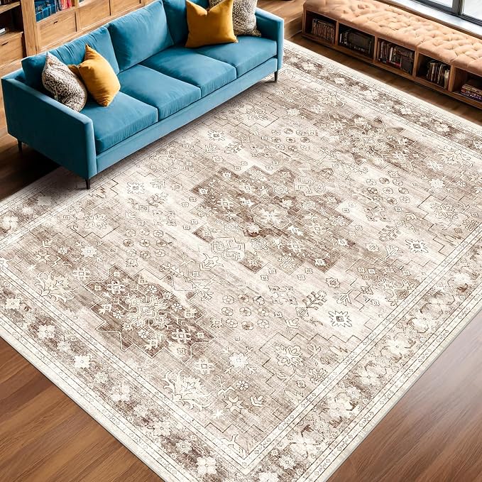 Washable Farmhouse Living Room Rug, 10x14 Area Rugs for Bedroom, Dining Room Under Table Carpet, Kids Room, Extra Large Boho Vintage Non-Slip Rugs Low Pile Stain Resistant (10x14 Beige/Latte)