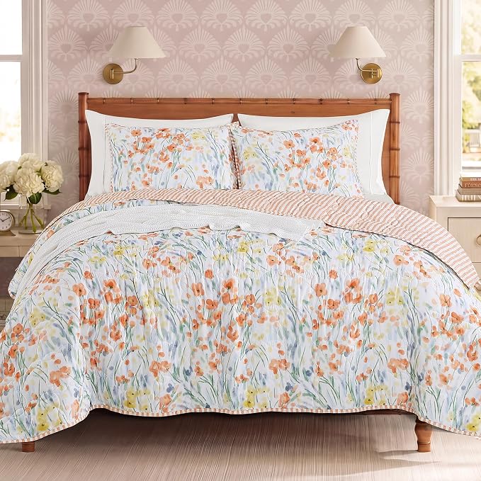 Twin/Twin XL Quilt Set-2 Pieces Soft Bedding Floral Reversible Coverlet | All Seasons Lightweight Quilts Queen Size for Bed, Breathable Vintage Bedspread with Sham, Orange Floral