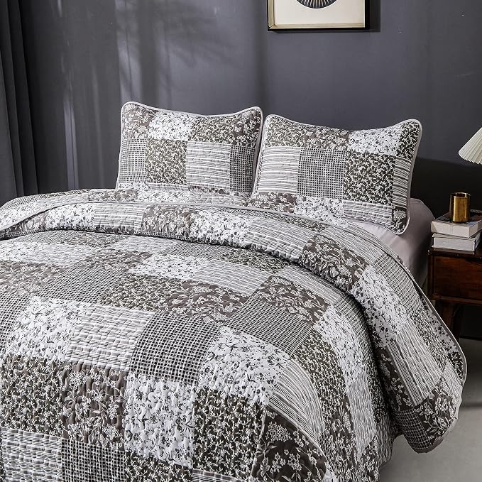 Mybedsoul Grey Boho Quilt King Size, Patchwork Floral Bedding Set | Soft Lightweight Microfiber Coverlet Set, 3 Pieces Plaid Reversible Bedspread, Bed Sets for All Seasons 90"x110"