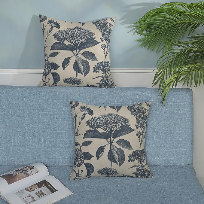 Navy Blue Pillow Covers 16x16 Inch 2 Pcs Boho Vintage Floral Decor Throw Pillows Hydrangea Flower Seasonal Outdoor Farmhouse Neutral Accent Decoration Pillowcase Linen Cushion Cover for Couch
