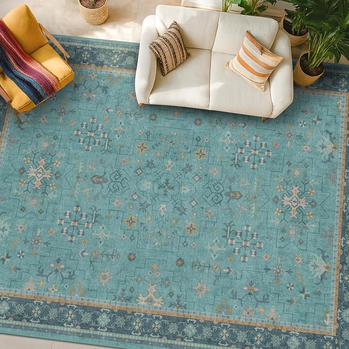 Teal 7x10 Large Rug for Living Room, Washable Soft Area Rugs for Bedroom Under Bed, Dining Room, Floral Pattern Vintage Turquoise Décor Indoor, Non Slip Low Pile & Soft Carpet