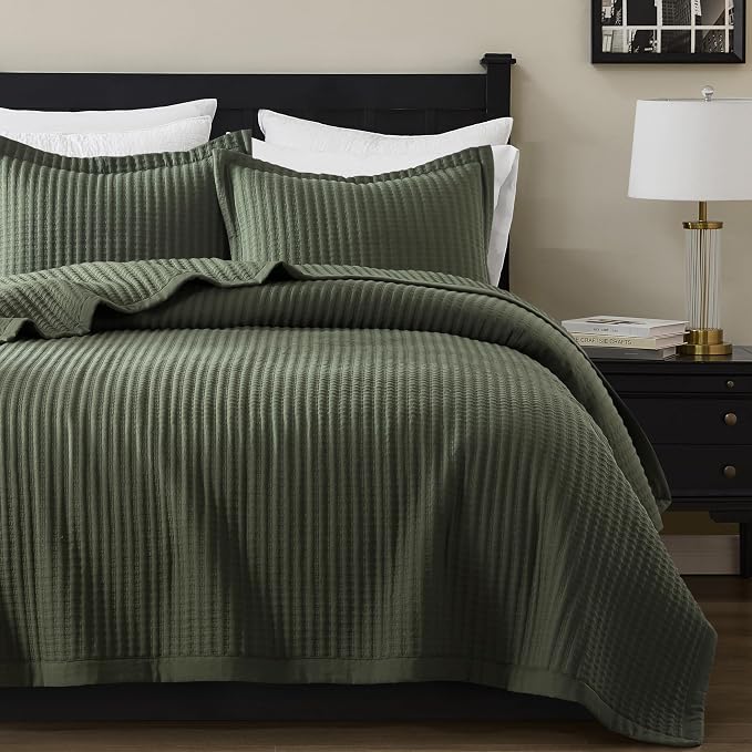 WDCOZY Olive Green Twin Size Quilt Set, Striped Pick Stitch Bedspread | Lightweight Soft Channel Coverlet, Spring Summer Thin Comforter, Farmhouse Rustic Country Bedding