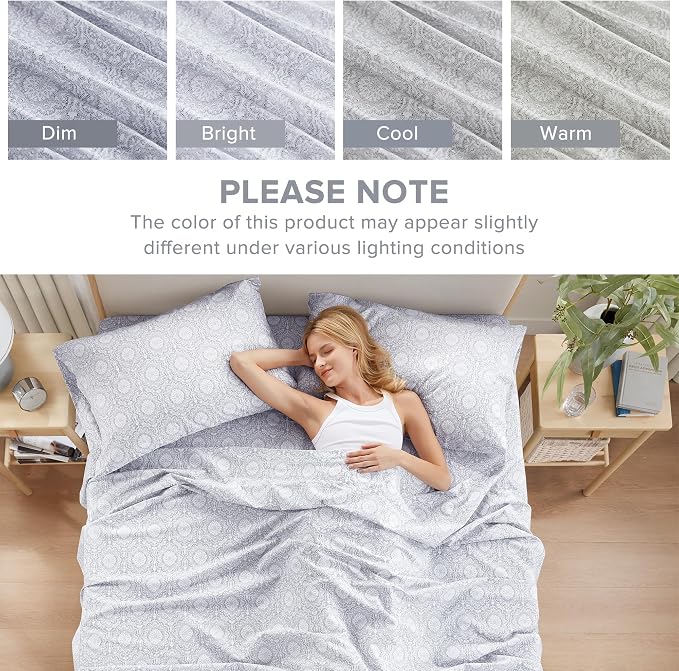Comfort Spaces 100% Cotton Percale Sheets Twin Sheet Set 3 Pcs, Adelia Gray | Crisp, Cool & Breathable Bed Sheets, 12" Deep Pocket Fits Up to 14" Mattress, Lightweight, All Season Cozy, with Pillow Case