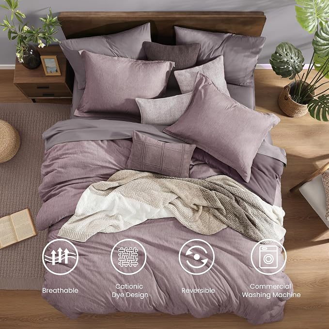 Monbix Full Size Comforter Set 7 Pieces Lilac Cationic Dyeing Bed in a Bag | Lightweight Reversible All Season Bedding Sets with Comforter, Sheets, Pillowcases & Shams