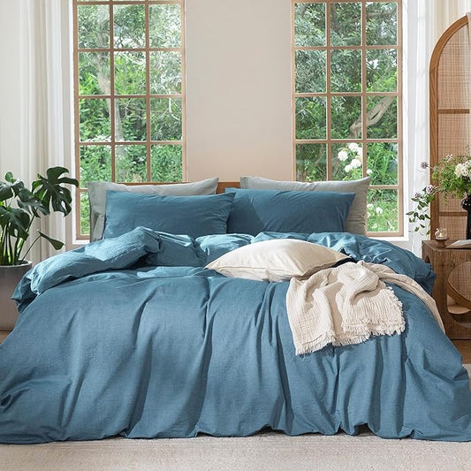 MooMee Duvet Cover Set 100% Washed Cotton Linen Like King | Relaxed Linen-like Texture. Soft, Breathable & Long-lasting Comfort. Lightweight. Hidden Zipper with 8 Interior Corner Ties