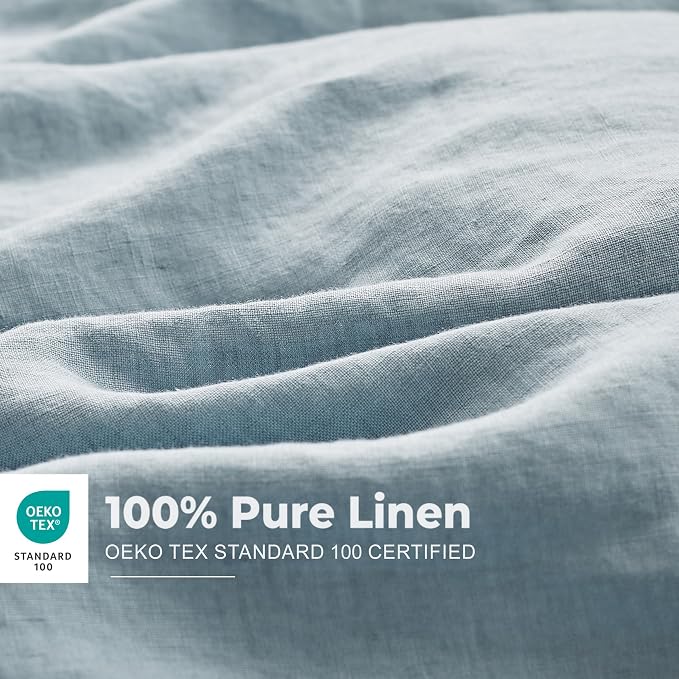 Simple&Opulence 100% French Linen Duvet Cover Set with Embroidered,3 Pcs Washed Soft Farmhouse Bedding Set with Button Closure,1 Comforter Cover and 2 Pillowshams(King,Dusty Blue)