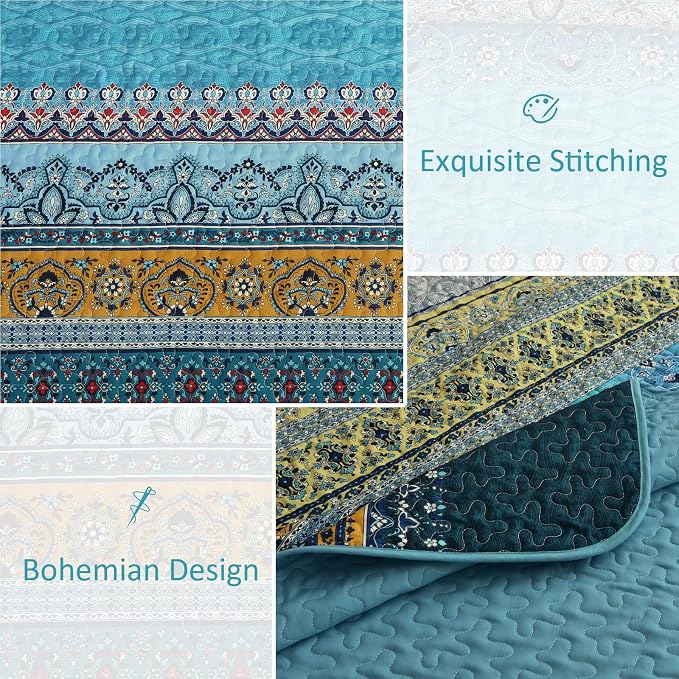 WONGS BEDDING Bohemian King Size,3 Pieces Soft Blue Bedspread Set | Boho Striped Printed Quilts Bedspread Set for All Seasons, Lightweight Microfiber Coverlet Set with Shams(104"x90")