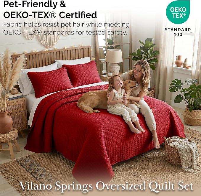 Southshore Fine Living, Inc. Red Quilt King Size Set with 2 Pillow Shams, Soft Microfiber Bedspread, Stain & Pet Hair Resistant Bedding, Cal/King Quilt Set with 2 Pillow Shams, Chili Pepper Red
