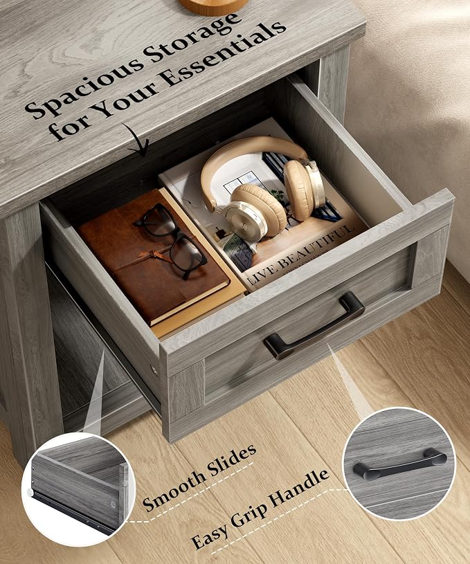 Decofy Farmhouse Nightstand with Charging Station & Large Storage, Set of 2 Modern End Tables with Outlets, USB Ports and Type-C Ports, Easy Assembly for Bedroom(Grey Oak)