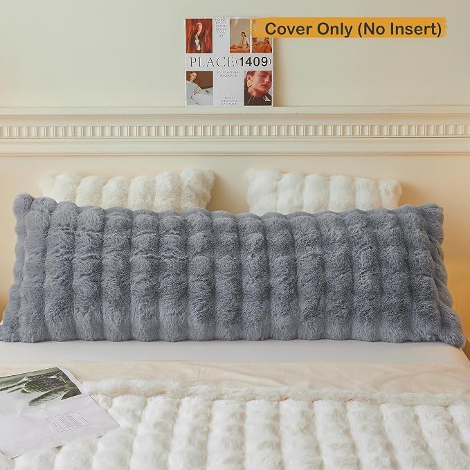 LIFEREVO Fluffy Faux Rabbit Fur Body Pillow Cover 20"x54", Light Grey | Soft Cute Bubble Bed Pillowcase with Zipper Closure, Washable Plush Furry Long Pillow Case for Pregnancy Women Side Sleeper