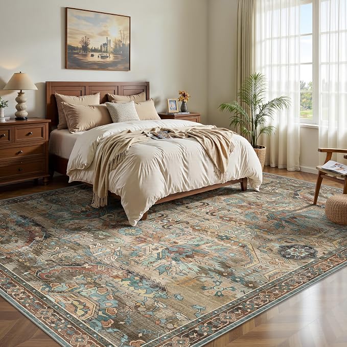 8x10 Area Rugs, Vintage Retro Soft Washable Rug, Non-Slip Low Pile Rugs for Living Room, Bedroom, Dining Room, Stain Resistant Home Decor Rug (Vintage Olive Green)