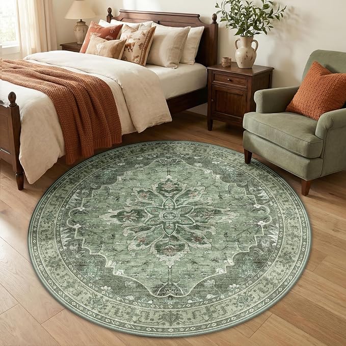 RELEANY Washable Area Rug, Round 5ft, Green/Dark Green/Gray | Non-Slip, Water Repellent, Pet Friendly, Easy to Clean, Vintage Floral Boho Decor for Living Room Bedroom Dining Room