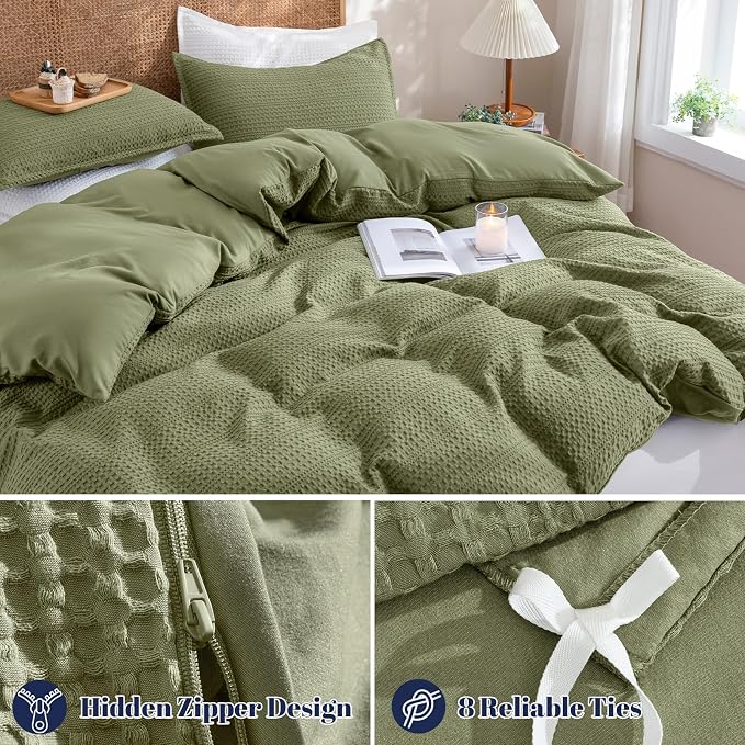 PHF Soft Waffle Duvet Cover King Size- Durable Breathable Waffle Weave Duvet Cover(104"x90") with 2 Pillow Shams, 3 Pieces Luxury Textured Bedding Set for All Season, Olive Green
