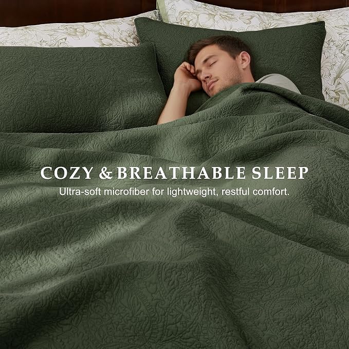 WDCOZY King 100% Cotton Paisley Quilt Bedding Set Olive Green Comforter | Pre-Washed Thin Farmhouse Bedspread, 106"x96" Coverlet + 2 Shams 20"x36", Soft Lightweight, All-Season, Textured Like Linen