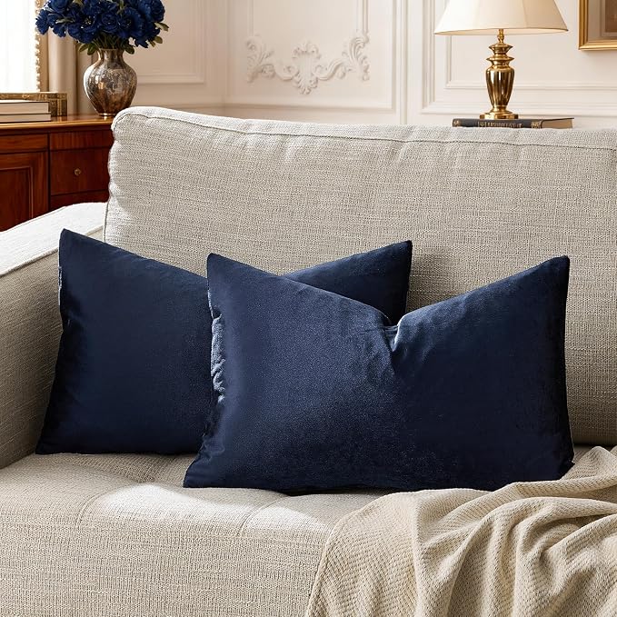 GIGIZAZA Navy Velvet Pillow Covers 12x20 Decorative Pillows Pack of 2 | Lumbar Blue Throw Pillows for Couch Sofa,280gsm Soft Textured Fabric,Modern Pillowcases,Luxury Cushion Covers