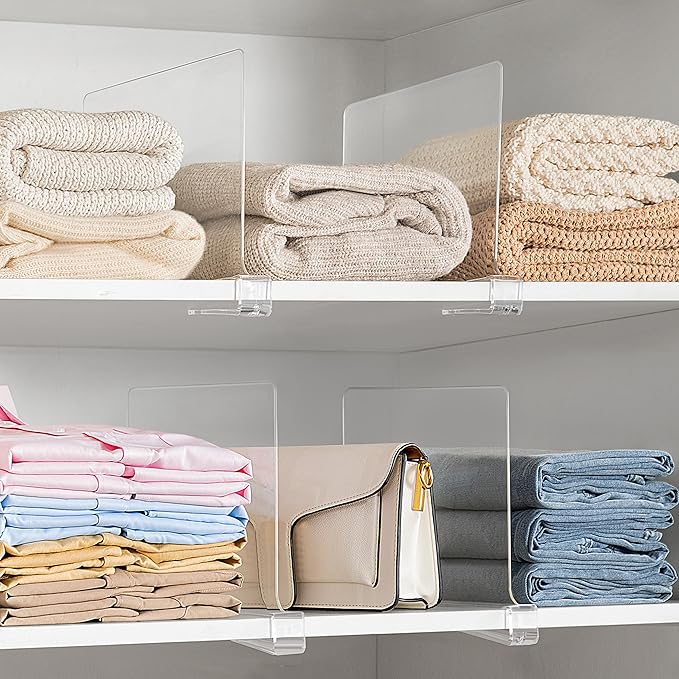 HBlife 2 Pack Clear Shelf Dividers, Vertical Purse Organizer for Closet Perfect for Sweater, Shirts, Handbags in Bedroom and Kitchen, Adjustable Acrylic Bookshelf for Organization